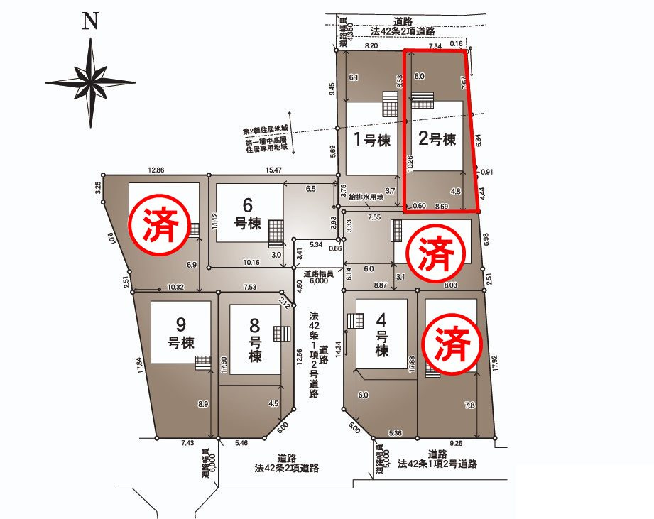 郡山市大槻町字林ノ東　　　２号棟　　　開成小学校、郡山第１中学区の区画図