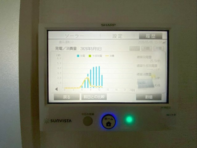 糟屋郡粕屋町大字上大隈　中古戸建の発電・温水設備|太陽光発電の状態を確認するモニターです！