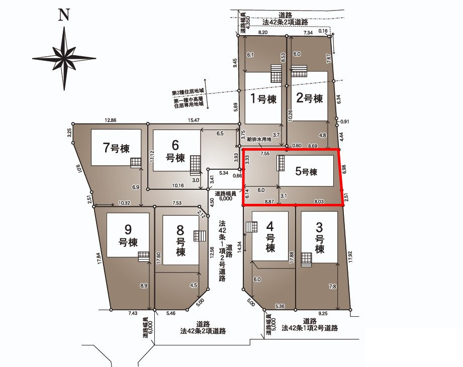 郡山市大槻町字林ノ東　　　５号棟　　　開成小学校、郡山第１中学区の区画図