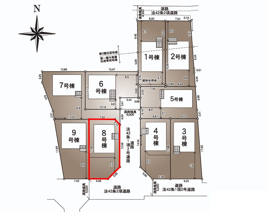 郡山市大槻町字林ノ東　　　８号棟　　　開成小学校、郡山第１中学区の区画図