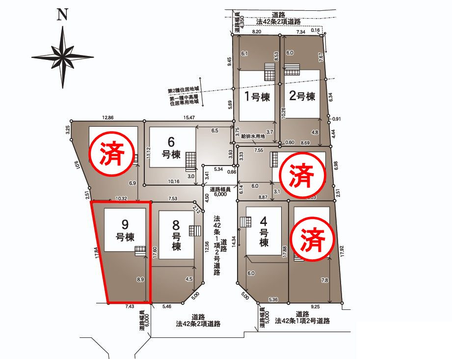 郡山市大槻町字林ノ東　　　９号棟　　　開成小学校、郡山第１中学区の区画図