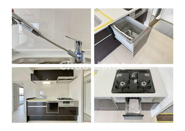 キャッスルマンションお花茶屋のキッチン|【システムキッチン】ワイドで収納豊富な使い勝手の良いシステムキッチンには、食洗器・伸縮タイプのキッチン水栓、三ツ口コンロ・魚焼きグリルなどの便利な設備が標準完備されています。
