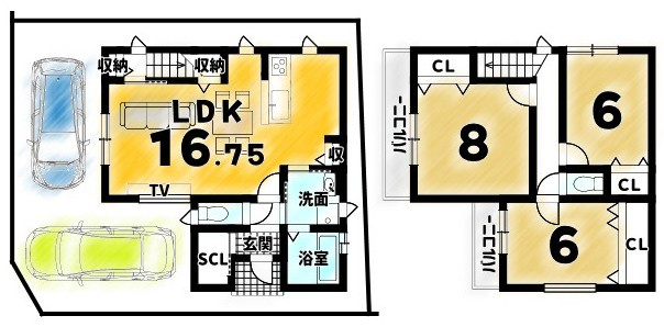 吉祥院西ノ庄東屋敷町　条件付土地の土地図＋建物プラン例|建物プラン例建物価格２２５０万円、建物面積８７．７５㎡