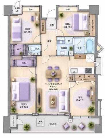 【間取り】 | ダイアパレス赤坂☆仲介手数料無料☆ | 4LDK　88.58㎡　5階部分　※本図に表示されている家具・家電・照明・インテリア・観葉植物等は、AIによる配置イメージです。実際には設置されておらず、売買対象にも含まれません。図面と現況が相違する