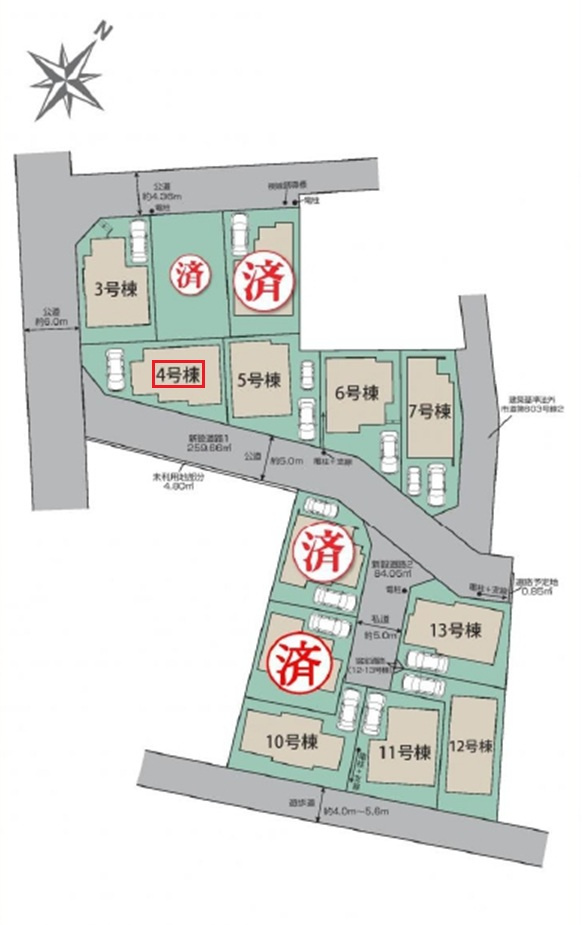 東村山市秋津町3丁目・全13棟　新築一戸建　4号棟の区画図|【全13棟・4号棟】
駐車1台可、日当たり・通風良好な南西角地です。