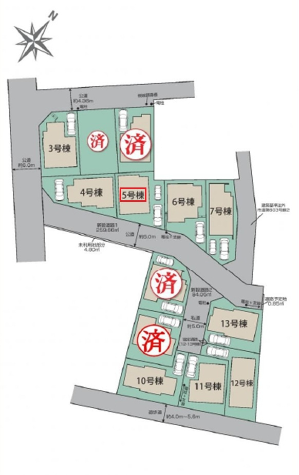 東村山市秋津町3丁目・全13棟　新築一戸建　5号棟の区画図|【全13棟・5号棟】
縦列駐車2台可(車種制限あり)、南道路に面し日当たり良好です。