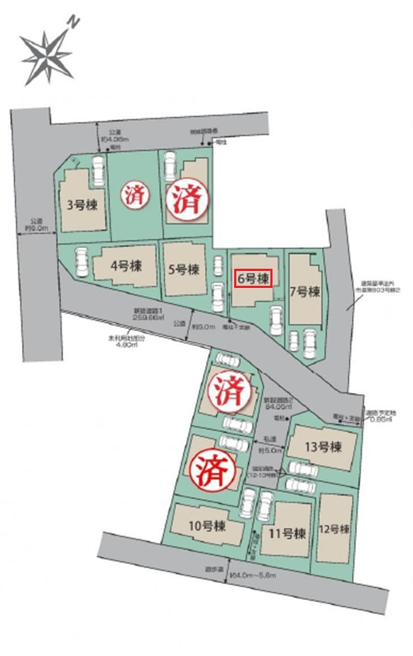 東村山市秋津町3丁目・全13棟　新築一戸建　6号棟の区画図|【全13棟・6号棟】
駐車1台可、南道路に面し日当たり良好です。