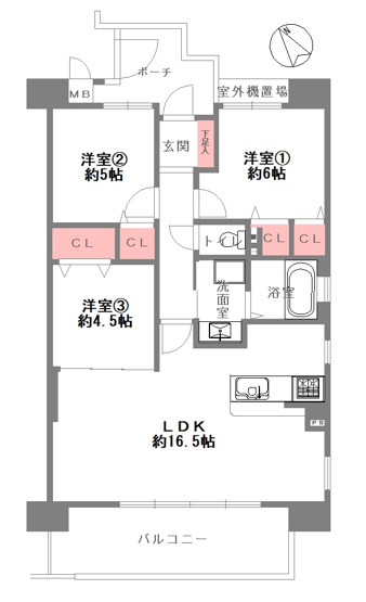 【間取り】 | メロディーハイム八戸ノ里 | 三方角住戸☆全洋室3LDK♪室内水廻り設備一新！全面リフォーム済み☆安心の新調設備保証付き☆食洗機・浴室乾燥機完備☆南向きバルコニー☆レースカーテン付きです☆