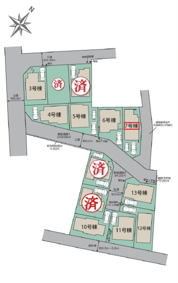 東村山市秋津町3丁目・全13棟　新築一戸建　7号棟の区画図|【全13棟・7号棟】
並列駐車2台可(車種制限あり)、南道路に面し日当たり良好です。