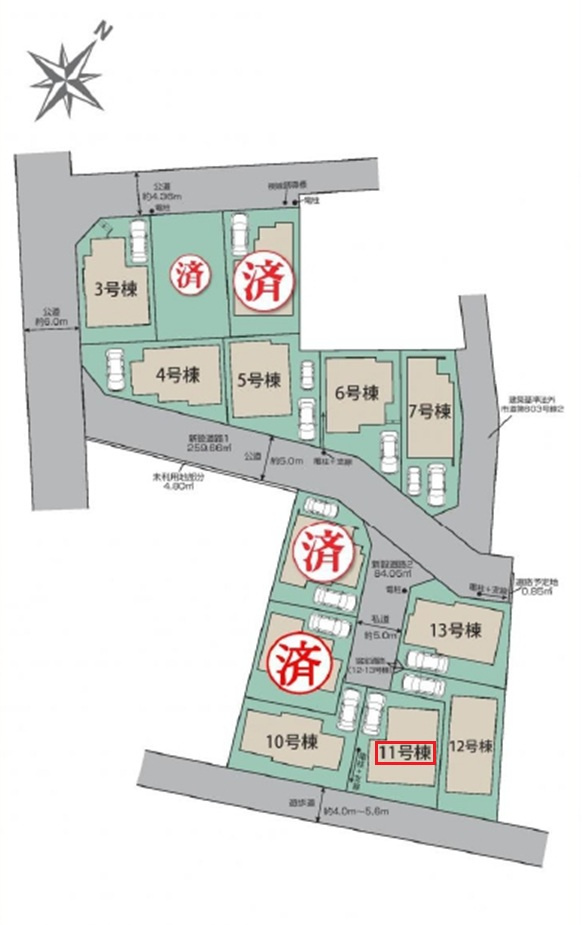 東村山市秋津町3丁目・全13棟　新築一戸建　11号棟の区画図|【全13棟・11号棟】
駐車1台可、南側遊歩道につき日当たり良好です。