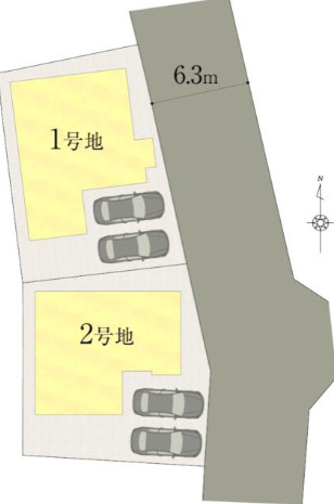 「玄関広々で1階に和室あり」高知市鴨部2号地　新築一戸建ての区画図|全2区画。並列駐車2台可能。 前面道路もゆとりがあり、駐車もスムーズです♪