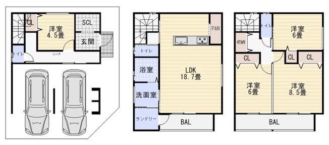 【間取り】 | 平野区西脇1丁目 | 【建設住宅性能評価取得物件☆（一次エネルギー消費量等級4、断熱等性能等級4）ランドリーから直接バルコニーへ☆トイレ3ヵ所！各階に完備です♪シューズクローク・パントリーあり♪フラット35S利用可能♪】