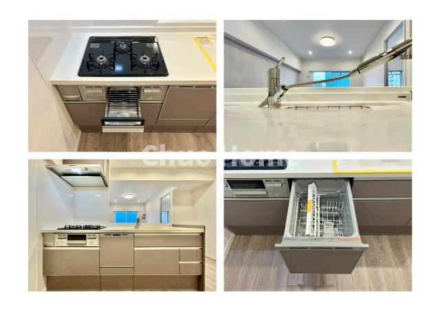 中銀新葛西マンシオンのキッチン|【システムキッチン】ワイドで収納豊富な使い勝手の良いカウンターキッチンには、食洗器・伸縮タイプのキッチン水栓、三ツ口コンロ・魚焼きグリルなどの便利な設備が標準完備されています。