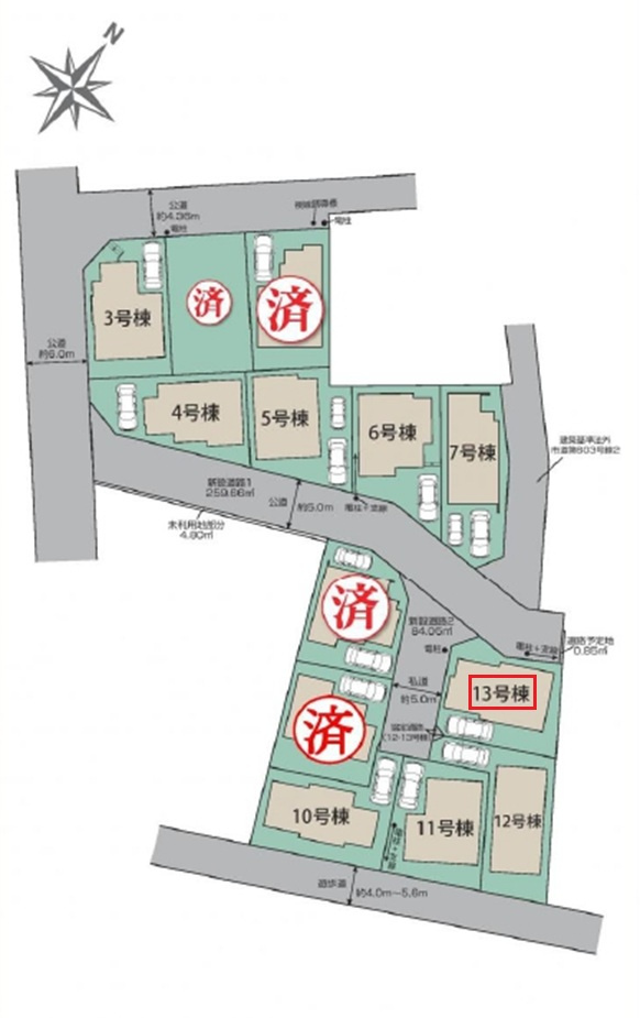東村山市秋津町3丁目・全13棟　新築一戸建　13号棟の区画図|【全13棟・13号棟】
駐車1台可、日当たり・通風良好な北西角地です。