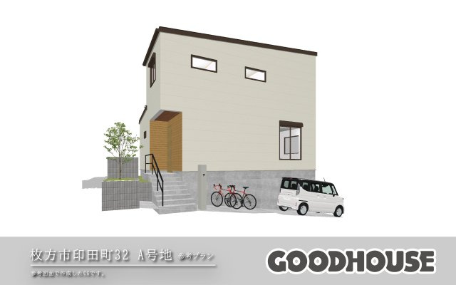【建築条件無し】印田町32 村野駅8分の駅近物件の外観パース|【参考プラン外観パース】高台に建つ2階建ての間取りプラン。外観はナチュラルなデザインに♪