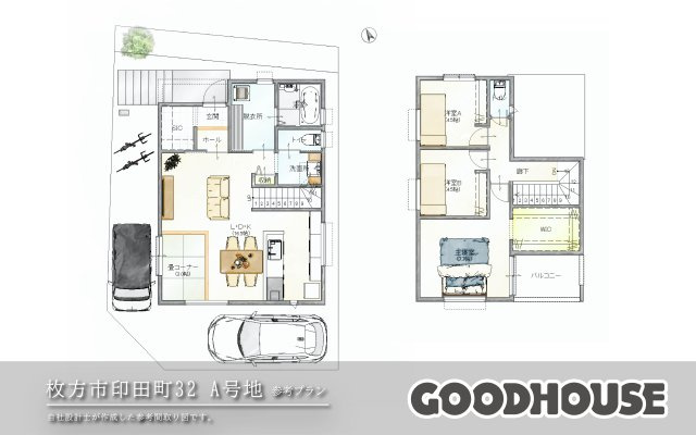 【建築条件無し】印田町32 村野駅8分の駅近物件の地図|【参考プランA号地】2台駐車が可能な3LDKプラン。小上がりの畳スペースを家族のくつろぎの場に♪
