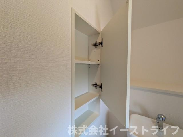 【新築戸建】　いわき市平第21　全2棟のトイレ|1号棟写真　トイレには収納があり、洗剤や小物をしまうことができます♪