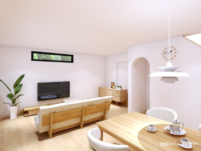 枚方市印田町27 Sola-ソラ-の完成予想図|ゆったりサイズのLDKは21.7帖。優しい色合いが心地よい（実際の内装とは異なる場合がございます）