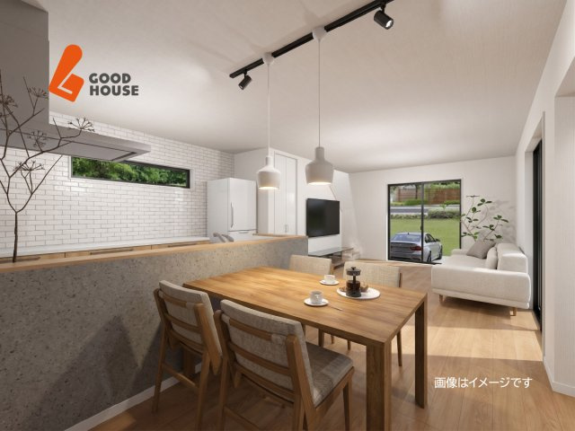 【建築条件付き】 印田町27 日当たり良好な土地の完成予想図|【参考プラン：内観】キッチンのタイル調の壁がアクセントに。グレーの引き締め感が内装に落ち着きをプラス