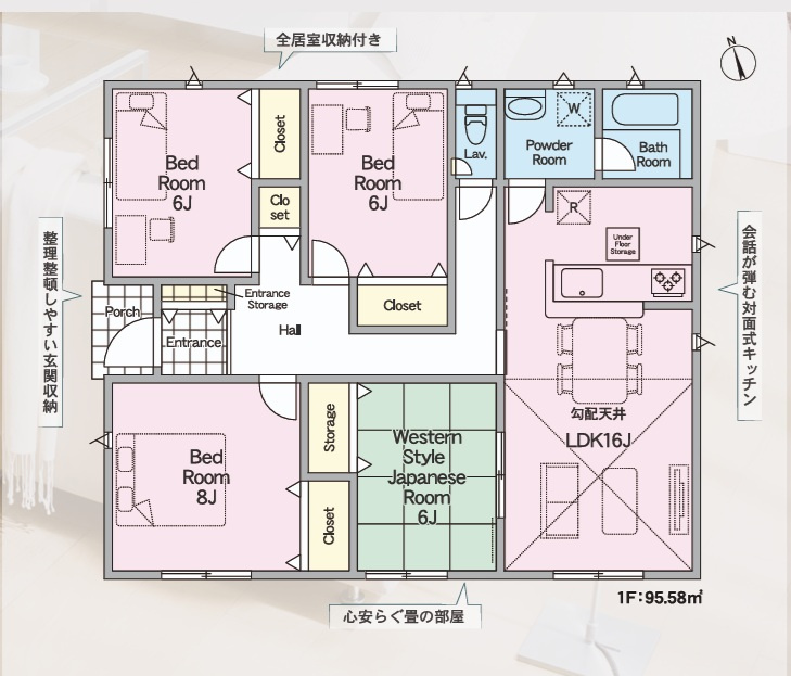 Cradlegarden　 那珂市中台　第2　限定1棟！の間取り|　
☆リビングに隣接する癒しの空間和室は小さなお子様の遊び場、お昼寝にも◎全居室ゆったり6帖以上、収納スペース付き。水廻りコンパクトで家事動線ラクラク♪