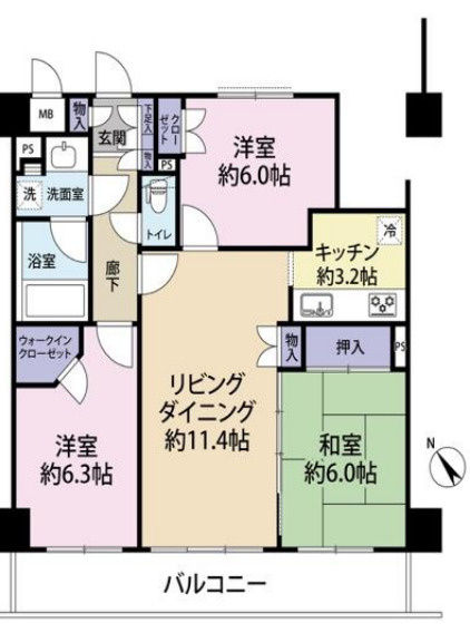 マイキャッスル港北中川の間取り|バルコニーに面したお部屋が多いワイドスパンな間取りです。全室6帖以上でどのお部屋も使いやすいですよ。