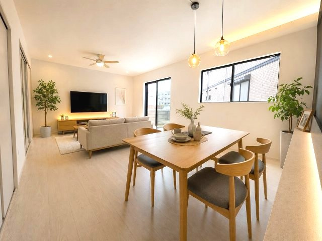 【居間・リビング】 | 糟屋郡新宮町湊4期　2号棟（全2棟）【仲介手数料無料・0円】 | 現地写真。家具・家電等はCGによる配置例です。物件には含まれません