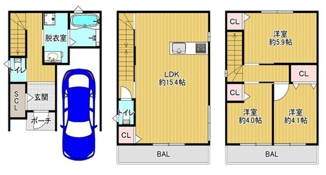 【間取り】 | 平野区瓜破東4丁目 | 3階建「全洋室3LDK＋車庫」玄関電子キーシステム・食洗機・浴室乾燥機完備☆キッチンカップボート付きです♪