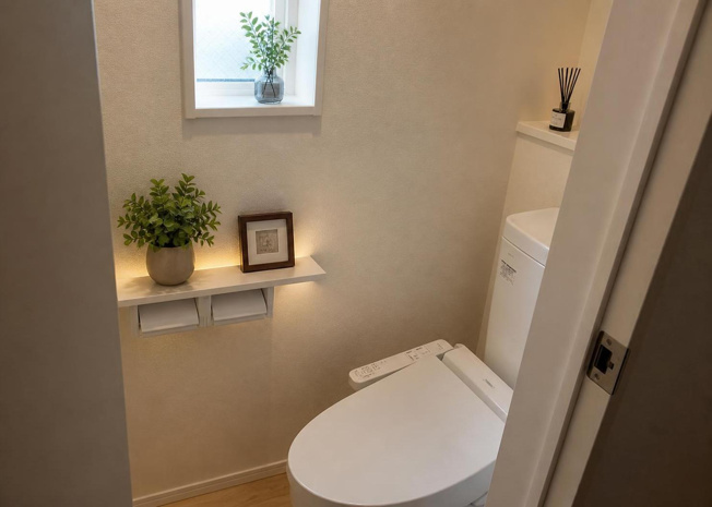 【トイレ】 | 朝の忙しい時間帯にも家族でスムーズに利用できるよう、トイレは2ヶ所に設置されています。清潔で快適な温水洗浄便座を完備しており、日々使う空間だからこそ使いやすさと快適性にこだわった設計になっています。