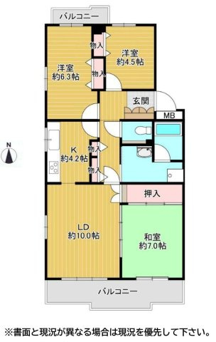 【間取り】 | ヴェルディール宮の里 | 3LDKは、リビングダイニングキッチンと3つの居室がある間取り。ファミリー層に非常に人気の高い間取りで、広々としたリビングで家族団らんを楽しみ、個室でプライベートな時間も確保できるのが大きな魅力です。