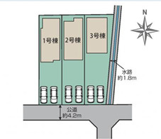 平塚市山下3丁目　新築戸建　全3棟の区画図|対象地は１号棟です。