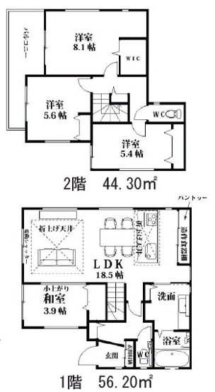 【間取り】 | 富士見市鶴瀬西3丁目　新築一戸建住宅　全1棟 (ふじみ野店) | LDK18.5帖＋小上がりの和室付き！二階には広々としたバルコニー付き♪