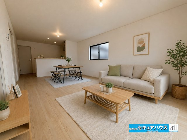 【完成！今からご案内可能】知多市八幡東大平地　全2棟の居間・リビング|【LDK】※家具はイメージになります。
◆家族揃ってリビングで過ごすお休みの日が、楽しみになる場所となることでしょう。
　　　　　　　　　　　　　　　　　　　　　　　　　　　　　　　　　　　　　　　　
