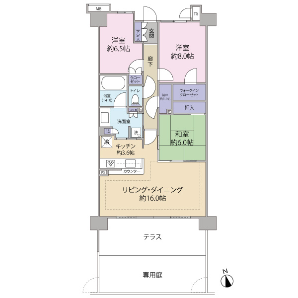 南東向きの専用庭+テラス付き３LDK
～全居室６帖以上～