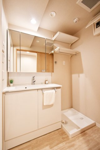 サンリット大袋の独立洗面台|三面鏡付き洗面台は朝の寝癖直しも楽々。鏡裏には歯ブラシセットやスキンケアも収納できて魅力的です！下の収納にもドライヤーや入浴グッツ、洗剤のストックなど…様々なものが収納できる便利な設備です！