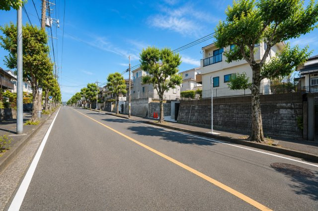 【金が谷2丁目】“ただの建売”では物足りない方へ。20帖超LDK×前面12.7m公道、街並みまで美しい一邸。★仲介手数料無料★の前面道路含む現地写真|前面道路は約12.7ｍのゆとりある公道。街路樹が並ぶ整った街並みが広がり、金が谷らしい落ち着きと開放感を感じられる住環境です。