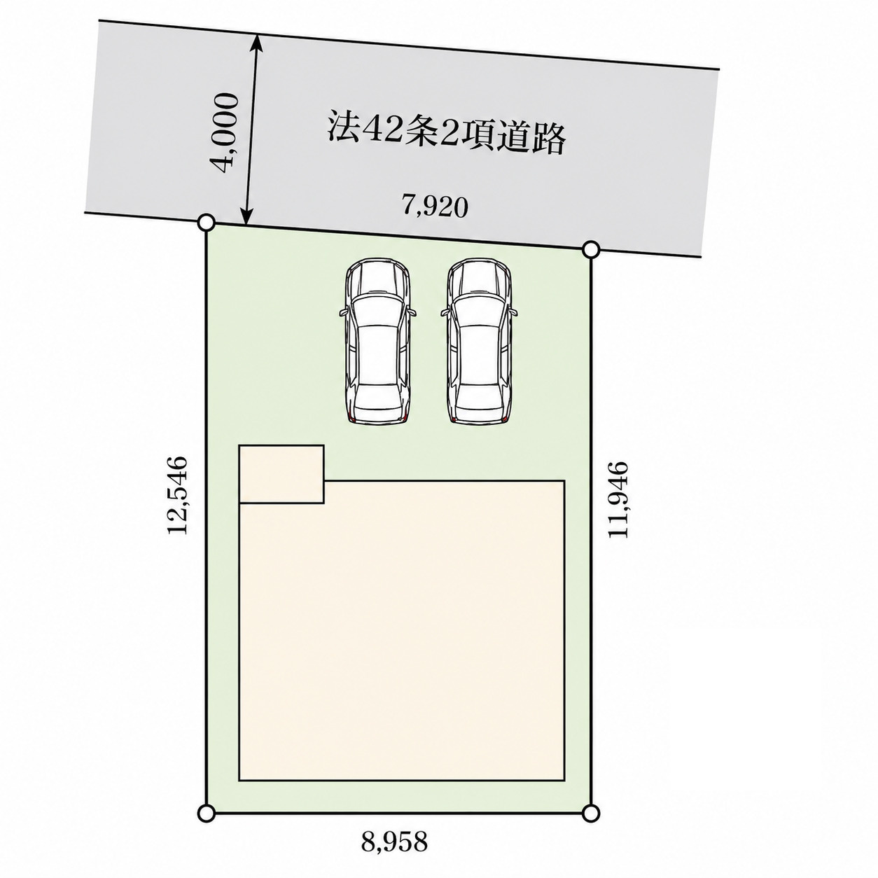 【今宿東町】吹抜けのある18.9帖LDK｜並列2台駐車可能な開放感ある新築戸建て★仲介手数料無料★の区画図|前面約4m道路に面した整形地。カースペース2台分を確保し、建物周囲にもゆとりを持たせた開放感ある区画設計です。