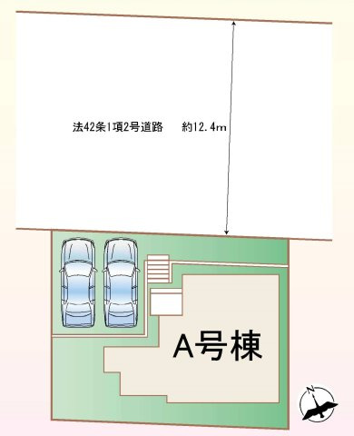 【建売感の少ない街並み】ゆとりある敷地と街並みが魅力の4LDK新築戸建て★仲介手数料無料★の区画図|前面約12.4m道路に面した開放感ある立地。並列2台駐車可能なカースペースを確保し、陽当たりにも配慮された区画設計です。