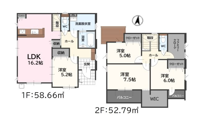 福津市西福間3丁目第5-2棟（1号棟）の間取り|全居室収納付きで便利です。