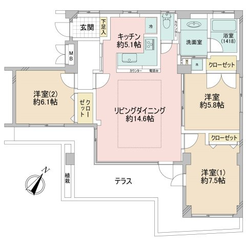 ユニテ藤が丘ウエストテラスの間取り|3LDK　専有面積 86.52㎡ テラス 22.62㎡