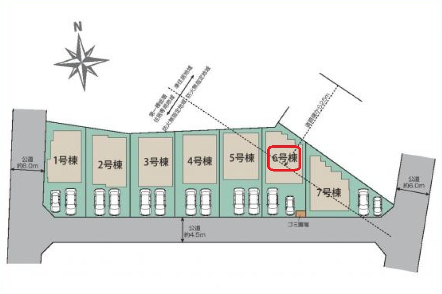 所沢市東狭山ヶ丘3丁目・全7棟　新築一戸建　6号棟の区画図|【全7棟・6号棟】カースペース並列2台（車種制限あり）
