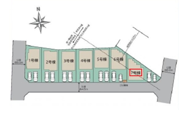 所沢市東狭山ヶ丘3丁目・全7棟　新築一戸建　7号棟の区画図|【全7棟・7号棟】
並列駐車2台可(車種制限あり)、日当たり・通風良好な東南角地です。
