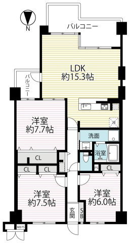 リフォーム済美室◆南向き＆全居室６帖以上の３ＬＤＫ住戸◆食洗機・浴室乾燥機付き◆サンシティ桂坂３番館の間取り