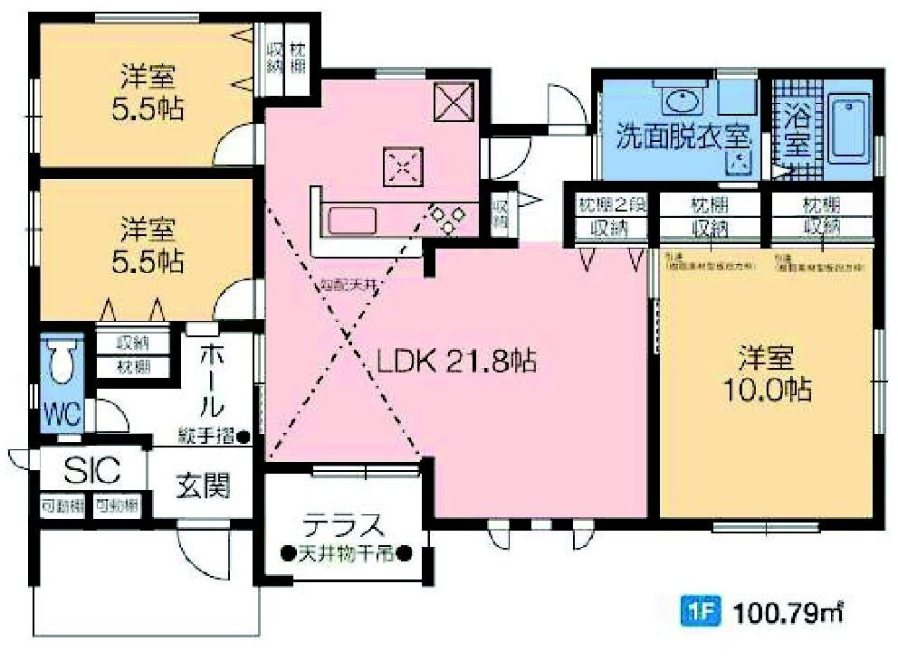 第3榛東村広馬場　新築戸建　1号棟（平屋）の間取り|収納充実♪3LDKで陽当たり良好な間取りです！
土地面積427.70㎡、建物面積100.79㎡で十分な広さです！
