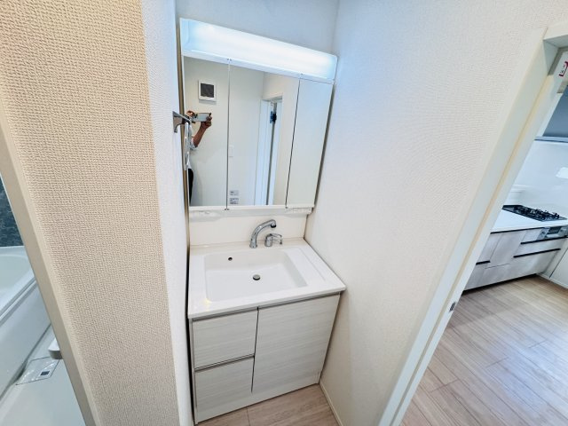 流山市美原３丁目新築戸建（美原５期）の独立洗面台|シャワーヘッド付き三面鏡洗面化粧台