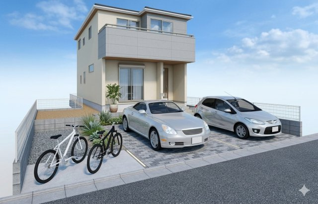 八潮市古新田　新築戸建の外観パース|完成予想図にCGによる画像処理を行っています。実際とは多少異なる場合がございます。