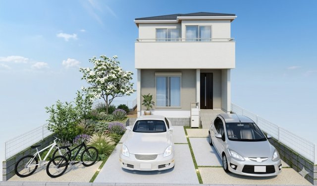 八潮市古新田　新築戸建の外観パース|完成予想図にCGによる画像処理を行っています。実際とは多少異なる場合がございます。