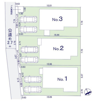 【区画図】 | 緑区大島 2号棟 | ２号棟　北西側2.7m道路　カースペース並列で２台（車種による）　セットバック有り