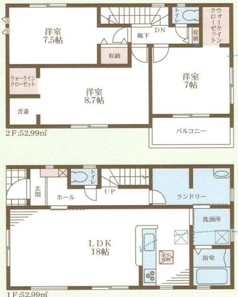 名谷町２期　新築戸建ての間取り|すべての洋室が７帖以上でウォークインクローゼット付きの便利な間取り
洗面に嬉しい広いランドリースペースもあります