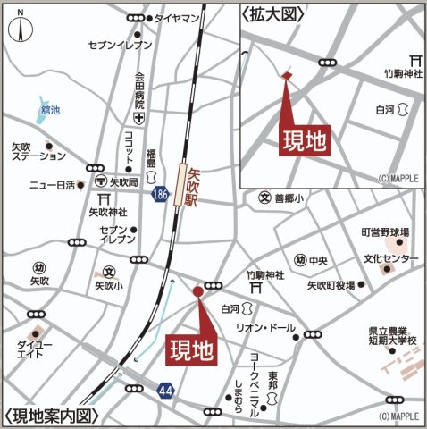 矢吹町曙町第４　　　１号棟　　　善郷小学校、矢吹中学区の地図|案内図