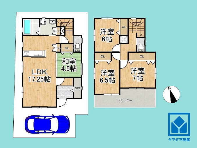 尼崎市武庫の里2丁目の間取り|4LDK、土地面積107.68平米、建物面積100.98平米、木造2階建。火を使わないため安心・安全。家族と環境に優しいオール電化住宅です。（図面と現況が異なる場合は現況を優先いたします）